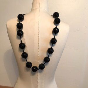 Large/Chunky Black Bead Necklace Strung on Black Ribbon